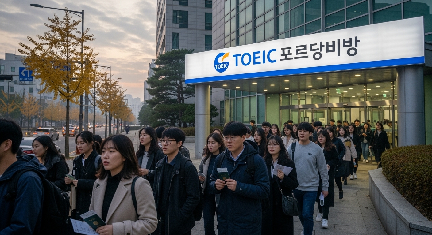 이른 아침 서울에서 토익 고사장 앞에 도착하는 수험자들