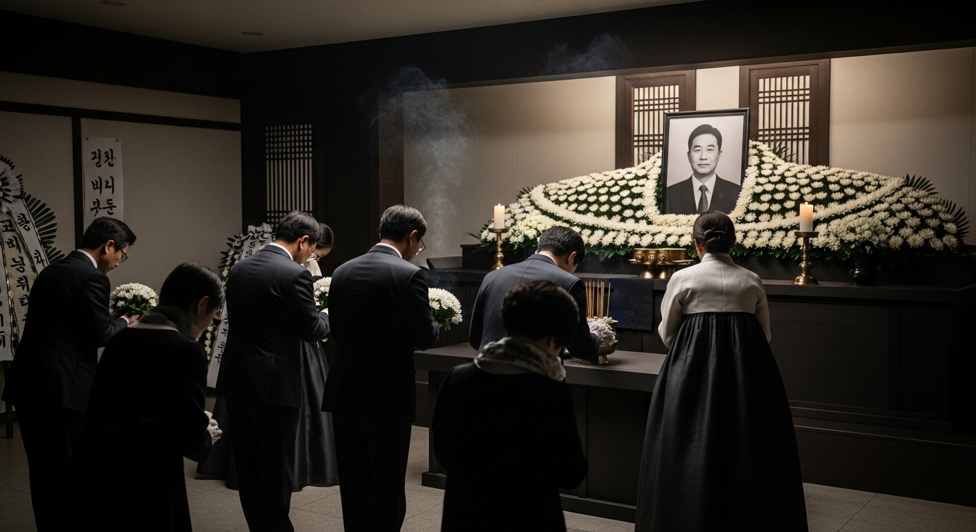 한국의 장례식장에서 정장을 입고 조문하는 사람들의 진지한 모습