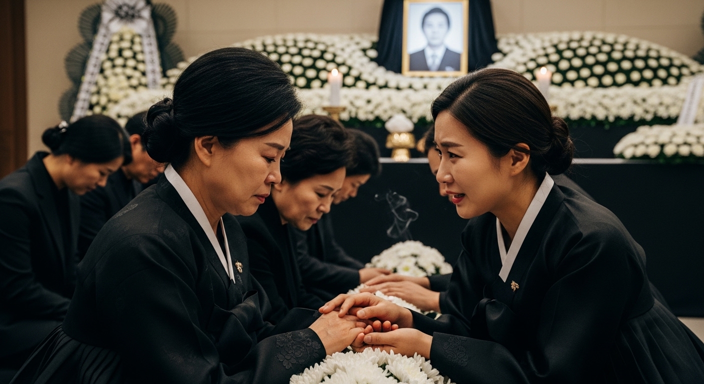 장례식장에서 유족에게 진심 어린 위로를 건네는 따뜻한 장면