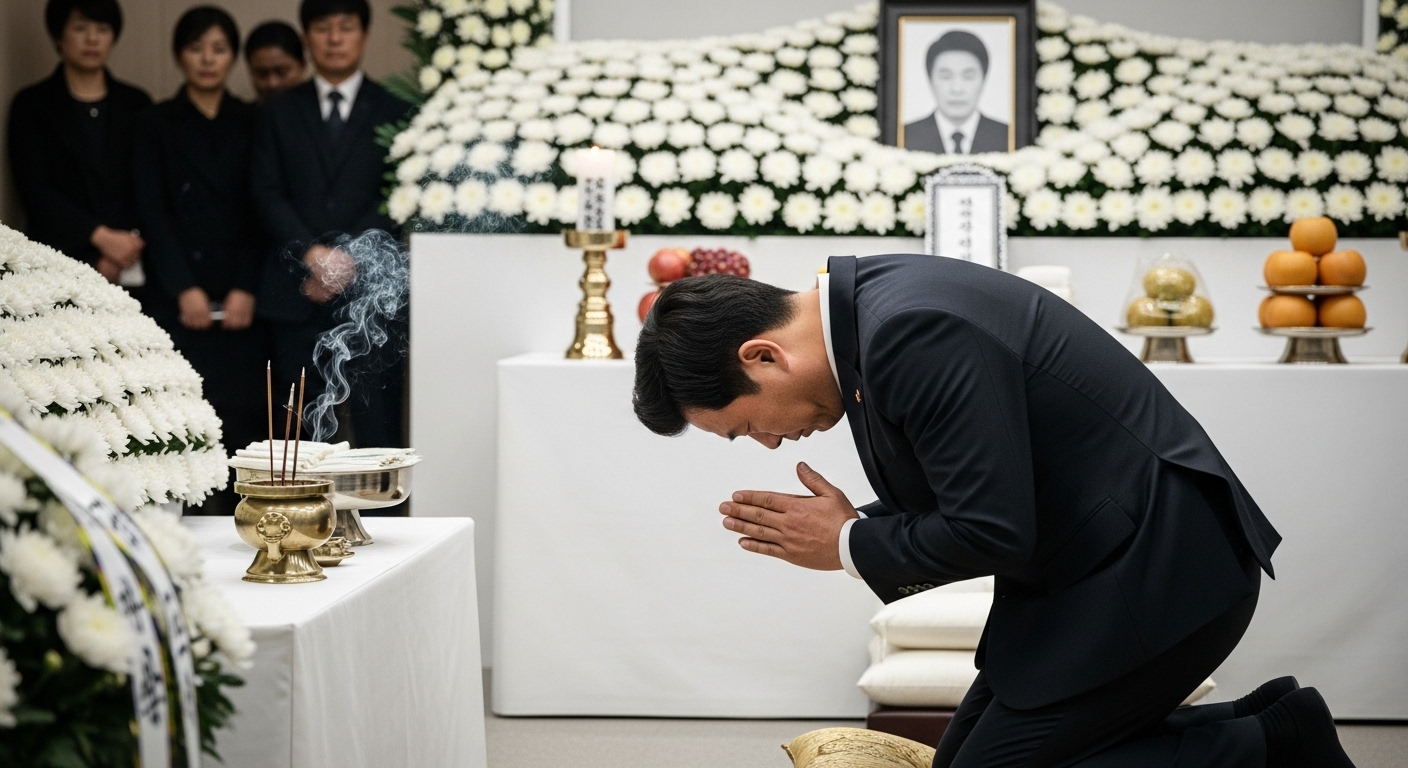 한국 남성이 장례식에서 올바른 공수 자세로 절하는 모습
