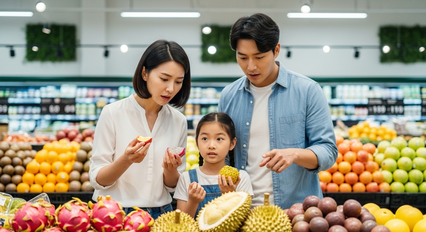 가족이 수입 과일을 보며 환율의 영향을 이해하는 모습