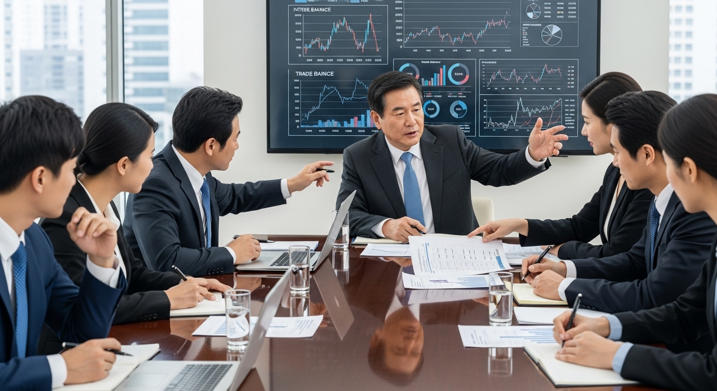 금리와 국제수지가 통화 가치에 미치는 영향을 논의하는 비즈니스 회의 장면