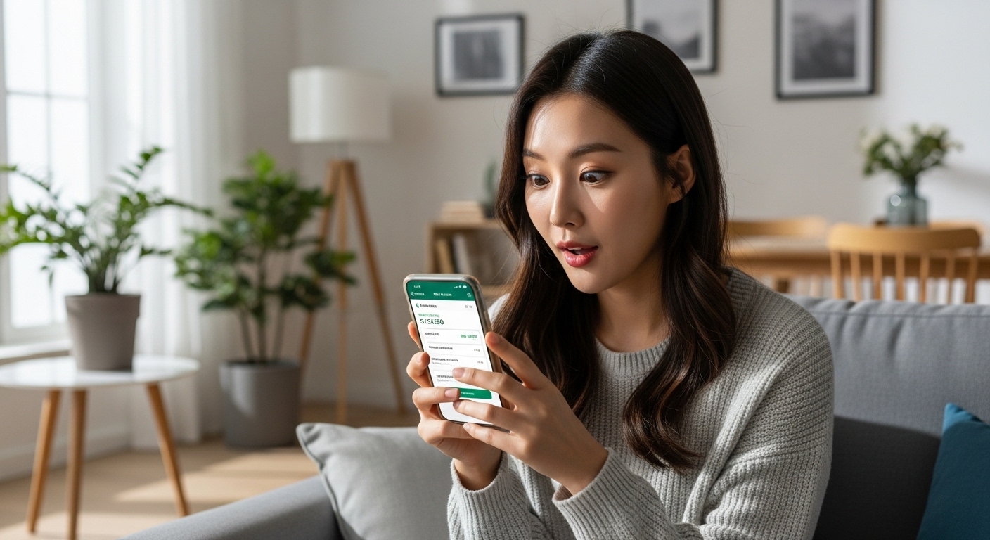 현대적인 아파트에서 스마트폰으로 은행 앱을 사용하는 젊은 여성의 놀란 표정