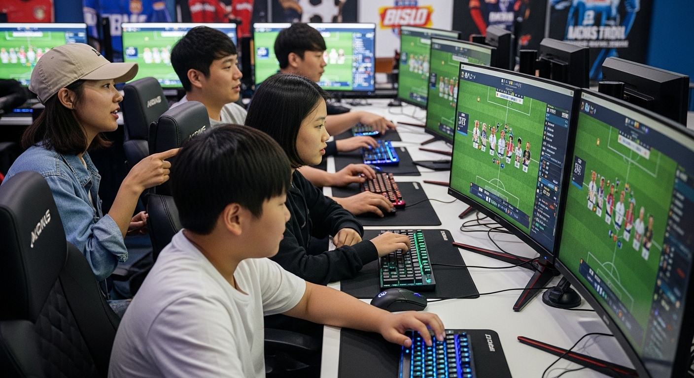 한국 게이머들이 컴퓨터 앞에서 가상 축구 스쿼드를 커스터마이징하는 모습