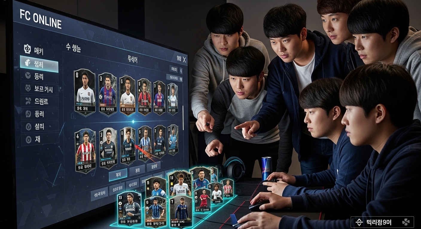 한국 FC 온라인 플레이어들이 디지털 플랫폼에서 선수 카드를 신중하게 선택하는 모습