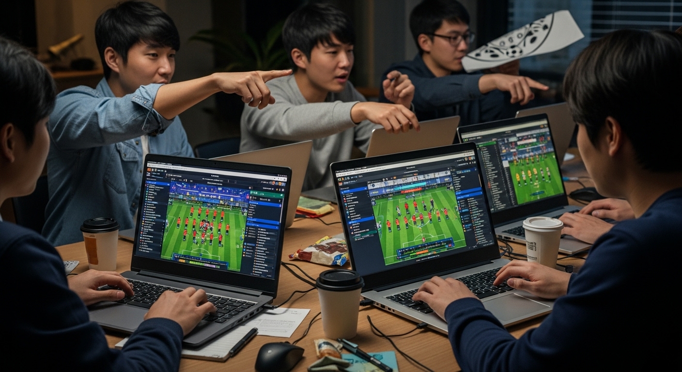온라인 커뮤니티 포럼에서 맞춤형 축구 팀을 만들기 위해 협력하는 한국 게이머들