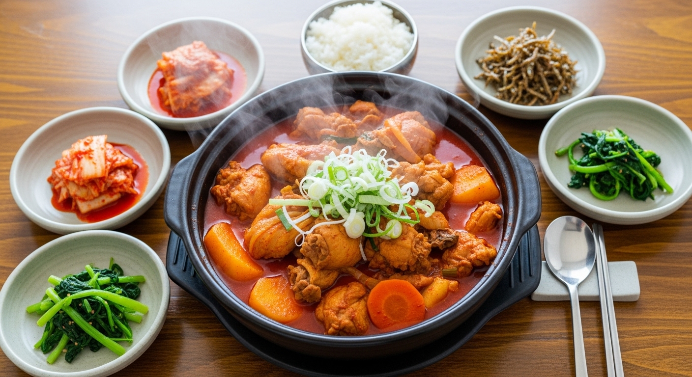 식탁 위에 김치와 밥과 함께 담긴 완성된 닭볶음탕 요리