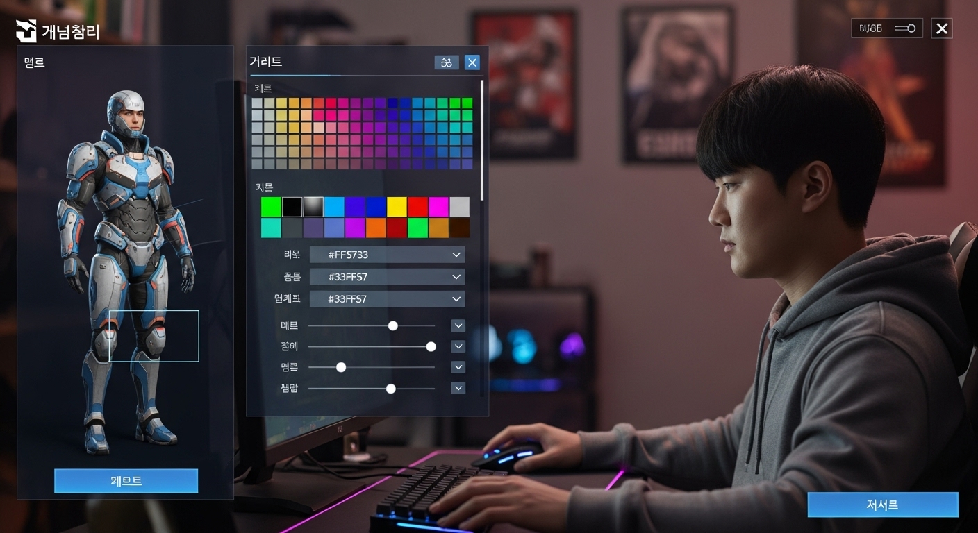 다양한 색상 옵션과 HEX 코드 입력이 가능한 게임 아바타 커스터마이징 화면